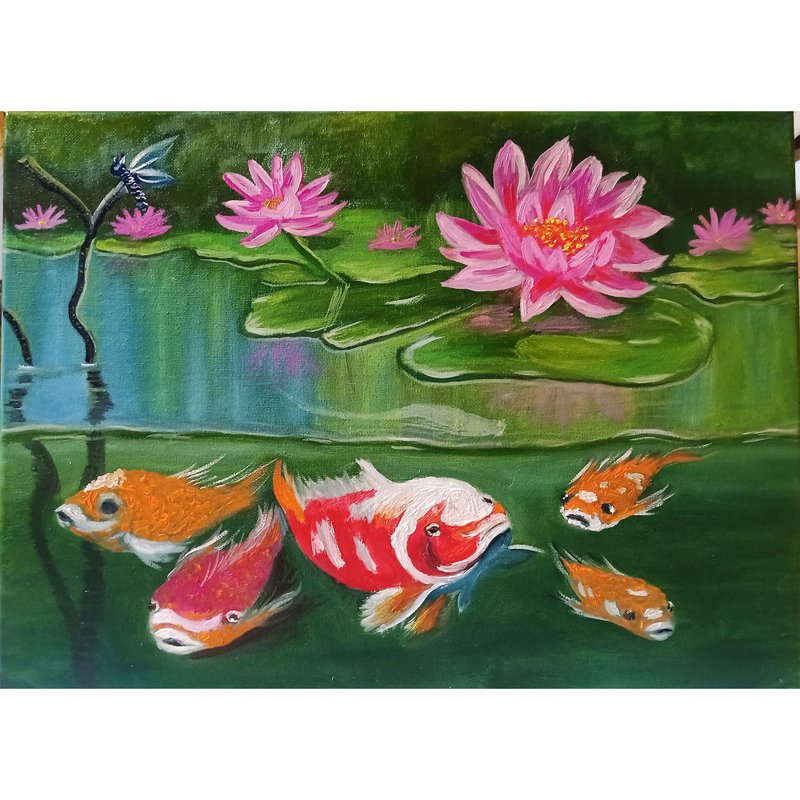 Koi Fish Oil Painting Canvas on a Stretcher - 海報/掛畫/掛布 - 棉．麻 綠色