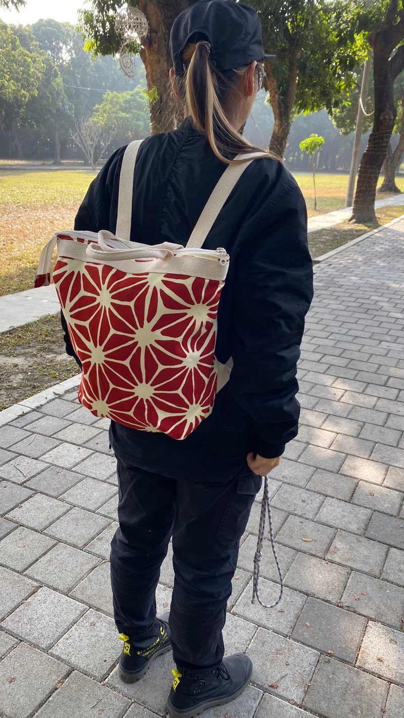 Geometric Japanese printed cotton canvas zippered backpack - Backpacks - Cotton & Hemp Red