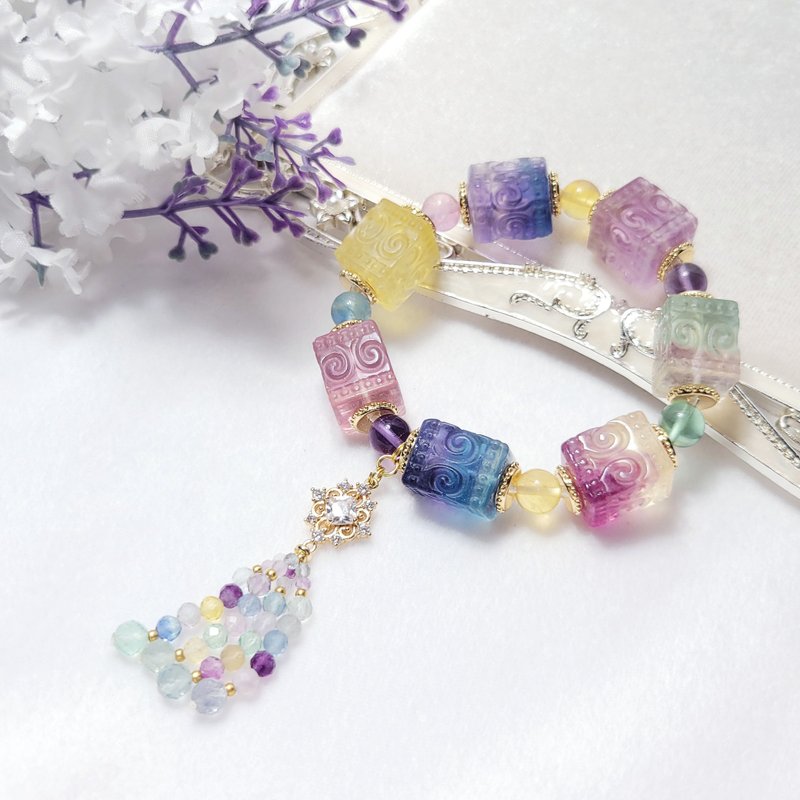 頂級彩虹螢石 回紋 魔方 流蘇 智慧 七脈輪 大寶石手鍊 單品 禮物 - 手鍊/手環 - 寶石 多色