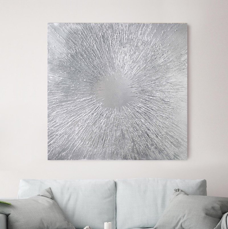 Silver painting canvas | Silver wall art | Silver abstract painting | Silver Sun - 壁貼/牆壁裝飾 - 棉．麻 銀色