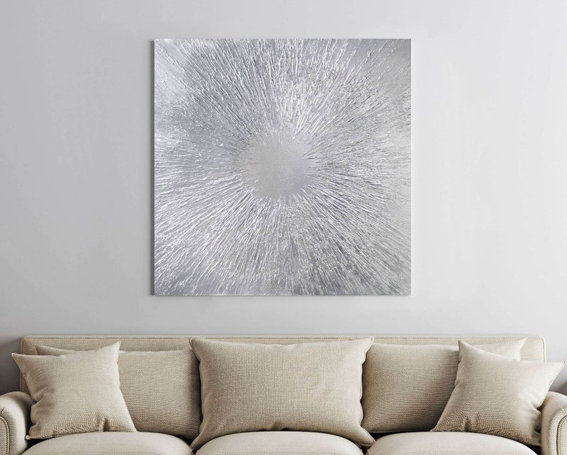 Silver painting canvas | Silver wall art | Silver abstract painting | Silver Sun - 壁貼/牆壁裝飾 - 棉．麻 銀色