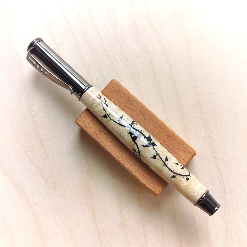 In stock - German SCHMIDT pull-out wood ballpoint pen / maple - hand-painted vine style - Rollerball Pens - Wood Khaki