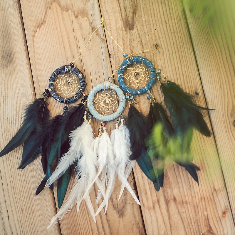 Dream Catcher Material Pack-Medium and Mini Version 6cm-Denim Strips + Gold Star (Light Blue, Dark Blue and Black) - Other - Other Materials 