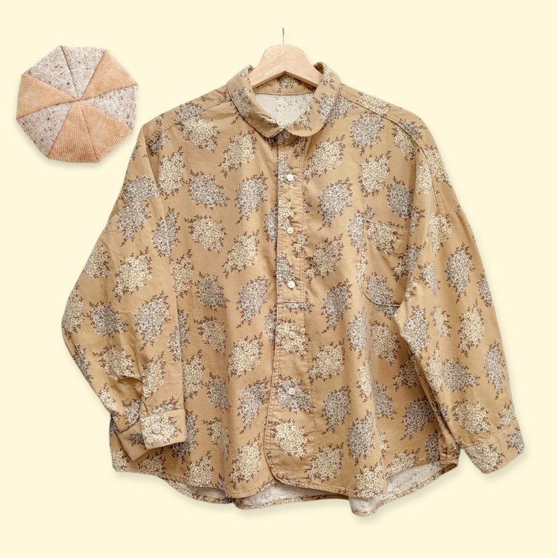 小牛村 設計款 燈芯絨 寬版襯衫 卡其 /白花球 - 女襯衫 - 棉．麻 卡其色