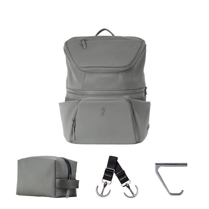 [15L Travel 4-Piece Set] Parenting Bag/Waterproof Bag/Desk Hook/Hook Value Set (Gray) - กระเป๋าคุณแม่ - ไนลอน สีดำ