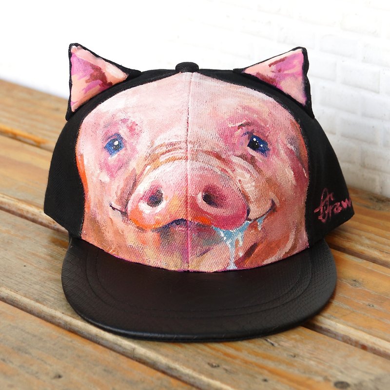 Hand painted cat ear cap <mouth greedy pig> - หมวก - เส้นใยสังเคราะห์ สึชมพู