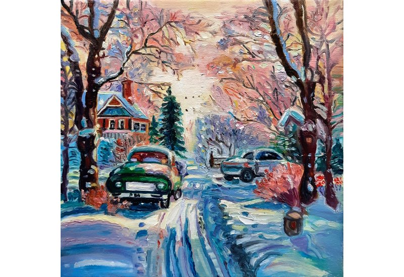 原創畫 House Winter  Painting  Art  Original Art  Oil Painting  Oil On Canvas - ตกแต่งผนัง - วัสดุอื่นๆ สึชมพู