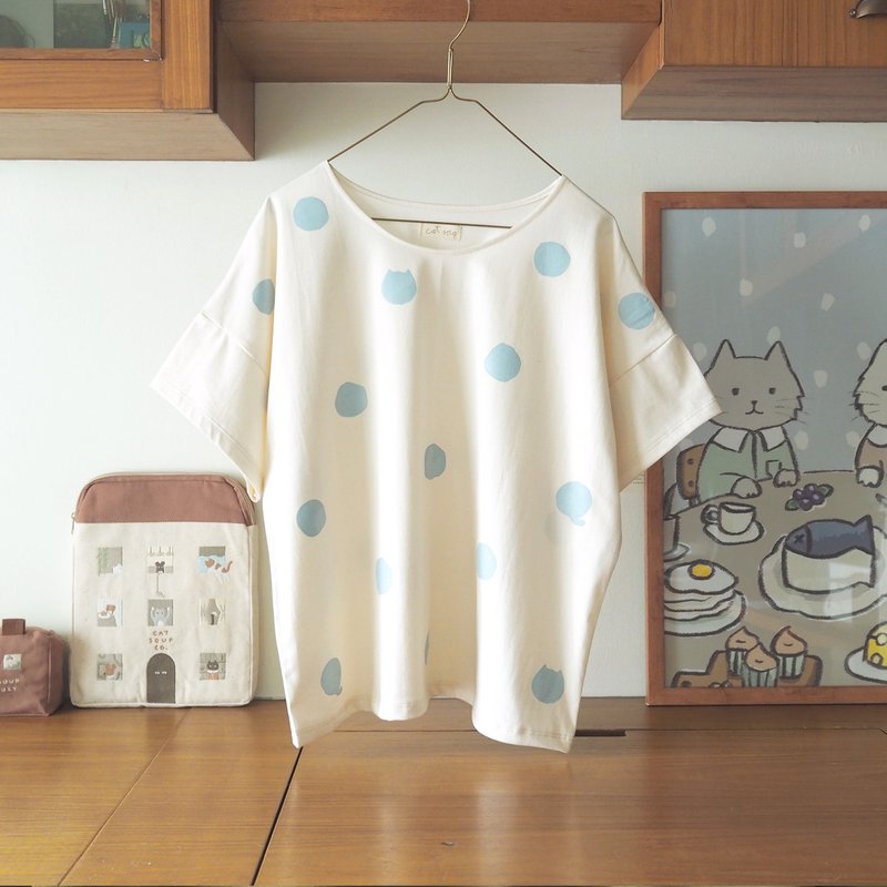 polka dot cat t-shirt : natural - เสื้อยืดผู้หญิง - ผ้าฝ้าย/ผ้าลินิน ขาว