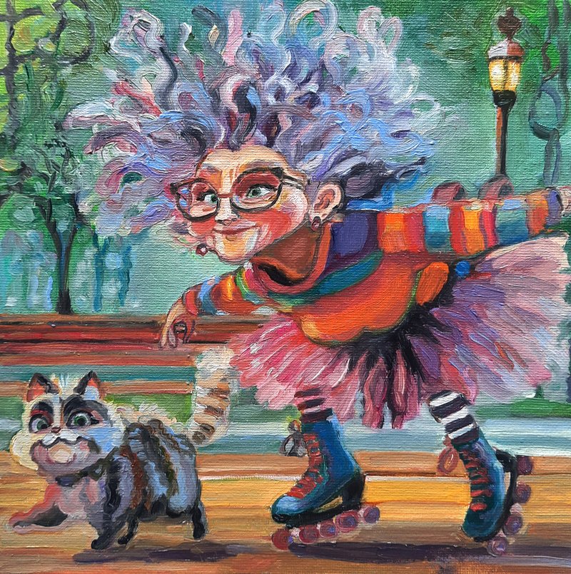 Roller skayting Painting Original Art Small Impasto Oil Painting on Cardboard - 壁貼/牆壁裝飾 - 其他材質 多色