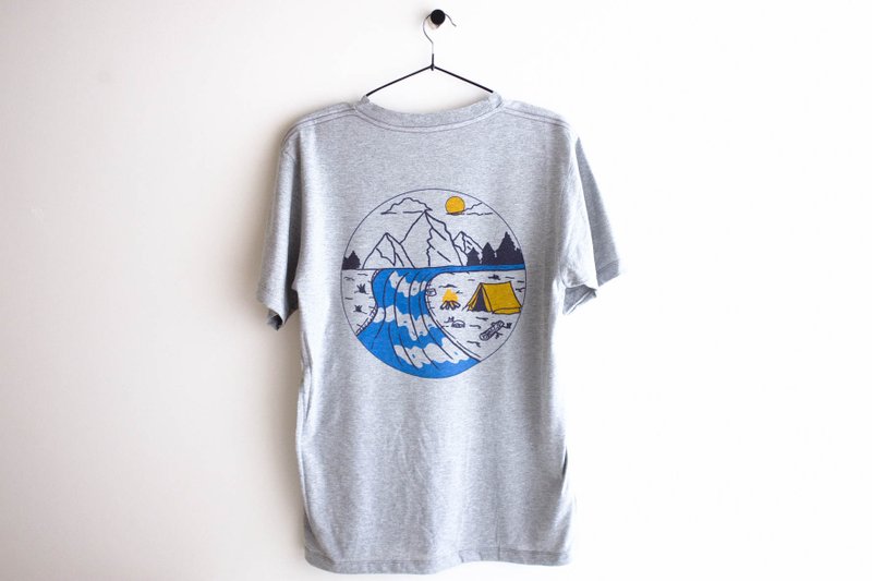 GO CAMPING illustration printing short-sleeved unisex cotton t-shirt - 男 T 恤 - 棉．麻 灰色