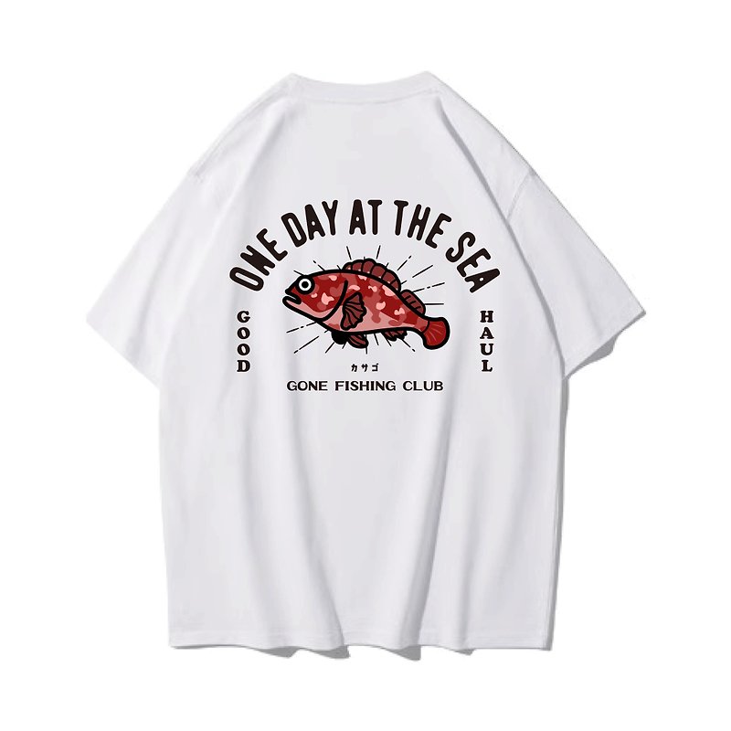 Stone short-sleeved T-shirt 7 colors unisex fishing club - Women's Tops - Cotton & Hemp Black