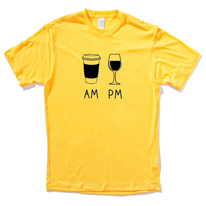 COFFEE AM WINE PM yellow t shirt - Men's T-Shirts & Tops - Cotton & Hemp Yellow