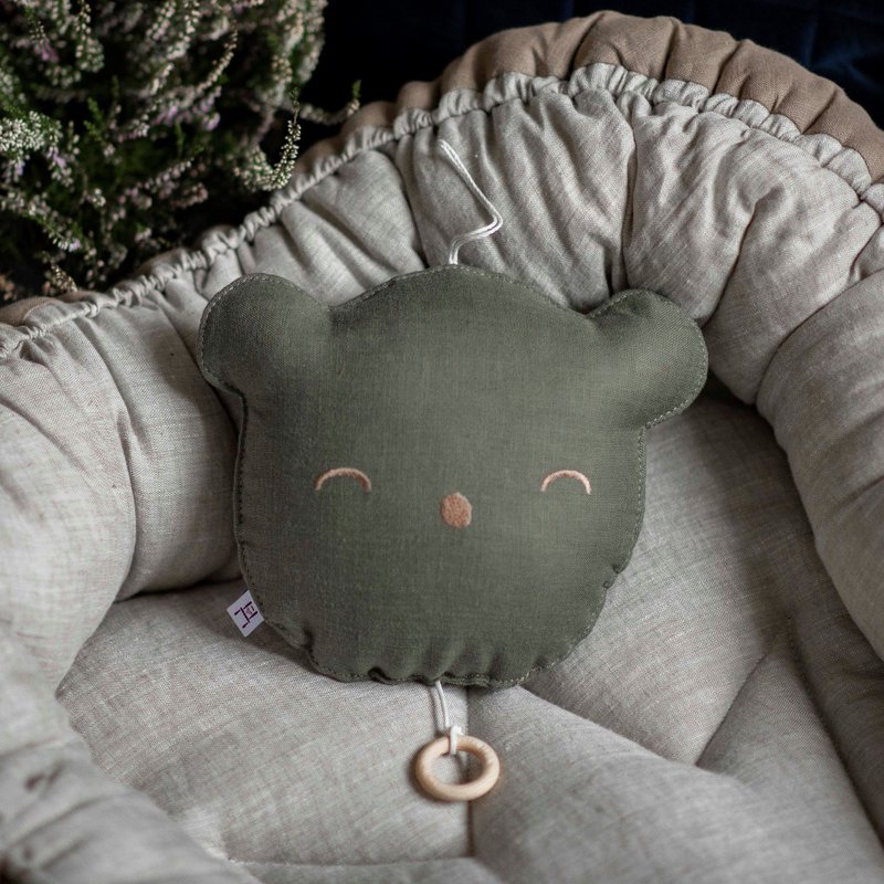 Musical toy lullaby teddy bear pillow for baby - Dark Green nursery mobile - 寶寶/兒童玩具/玩偶 - 亞麻 綠色