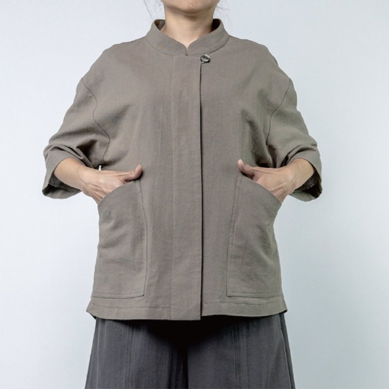 五分袖ポケットシャツ-レディース 天然コットンリネン | グレイッシュストーン - シャツ・ブラウス - コットン・麻 カーキ