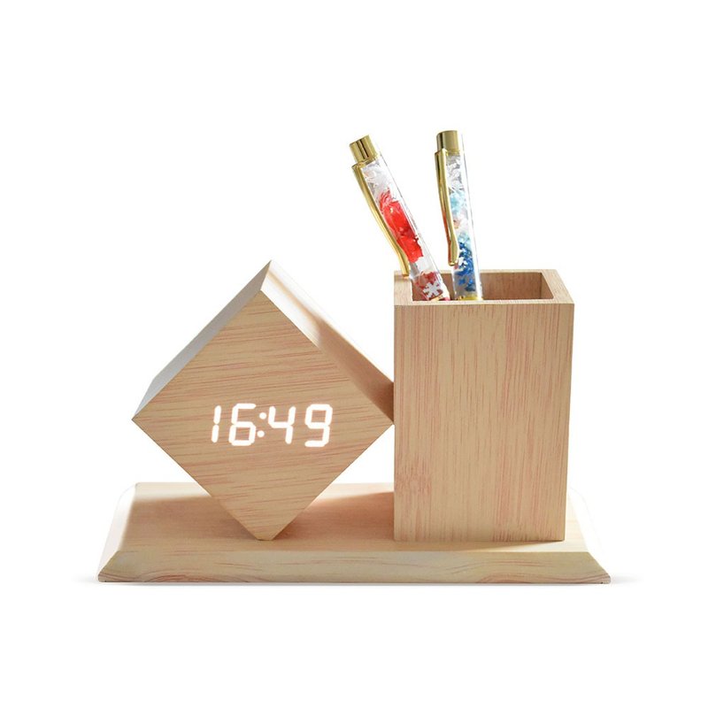 LED sound control wood grain pen holder alarm clock electronic clock digital table clock stationery storage home decoration - นาฬิกา - พลาสติก สีนำ้ตาล