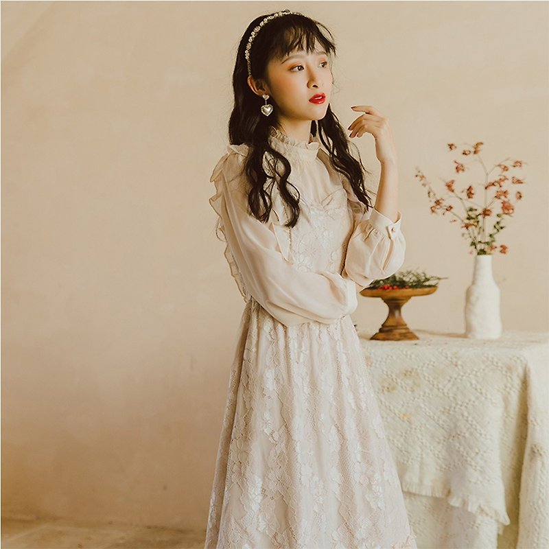 Anne Chen new spring ruffle dress French retro style stitching lace dress C0026 - One Piece Dresses - Other Materials 