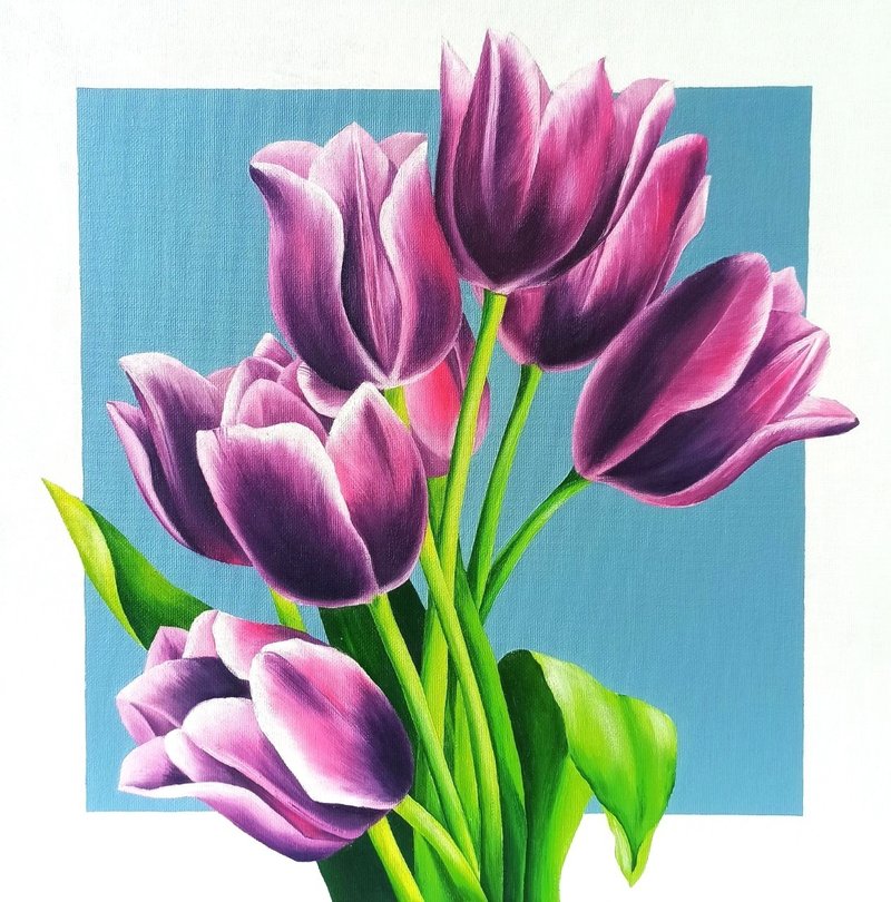 Oil Painting Spring Tulip Flowers Original Flower Art - โปสเตอร์ - ผ้าฝ้าย/ผ้าลินิน หลากหลายสี