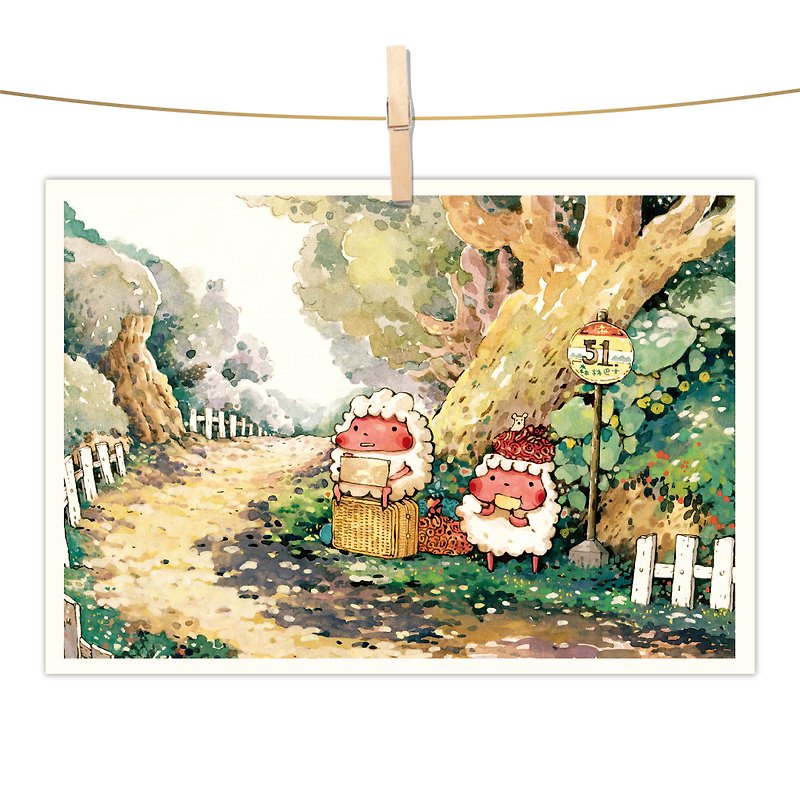 Afu Watercolor Illustration Postcard-Forest Bus No. 51 Home Road - การ์ด/โปสการ์ด - กระดาษ สีเหลือง