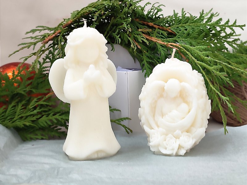 Christmas Angel Virgin Mary Statue Candles Set Soy Wax - โคมไฟ - ขี้ผึ้ง ขาว