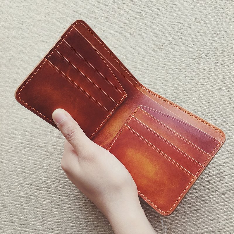 Handmade cowhide rubbed and dyed reddish brown multi-card pocket wallet short clip color style can be customized customized lettering - กระเป๋าสตางค์ - หนังแท้ สีนำ้ตาล