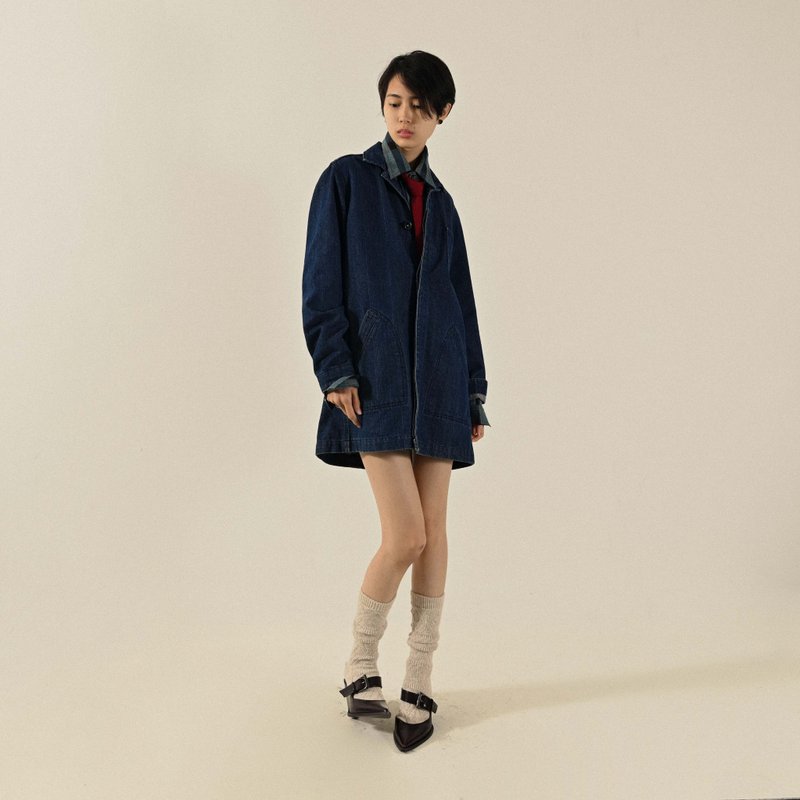 【NaSuBi Vintage】俐落輪廓牛仔面料古著外套 - 女大衣/外套 - 棉．麻 藍色