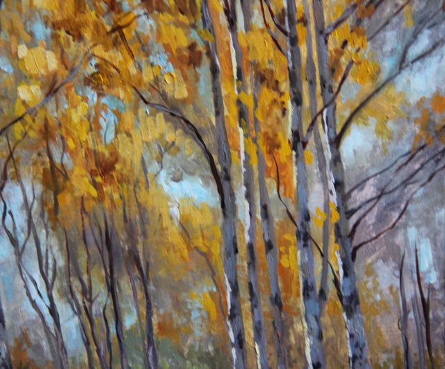 額縁付き　油絵　絵画　白樺の秋の風景 秋の絵画オリジナルの油絵白樺の木の風景湖秋の森の壁アート