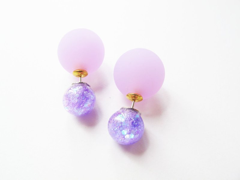 * Rosy Garden * lavender light purple sequined flow glitter snowflake crystal ball pin earrings with resin balls ear plug - Earrings & Clip-ons - Glass Purple