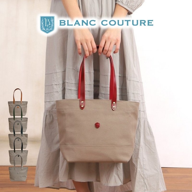 帆布托特包 M尺寸 砂米色 × 真皮提把 - 手提包/手提袋 - 真皮 黑色