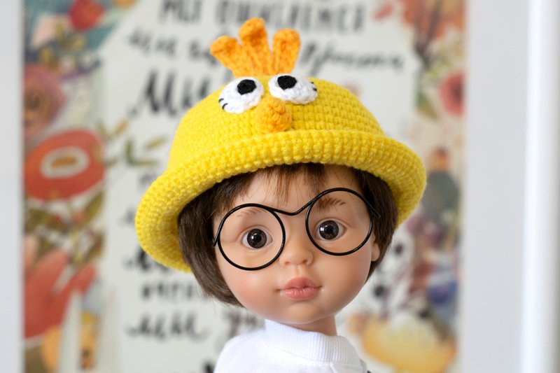 Chicken hat for 13 inch Paola Reina doll, Meadowdoll Dumpling, animals hat, 针织帽 - 寶寶/兒童玩具/玩偶 - 棉．麻 黃色