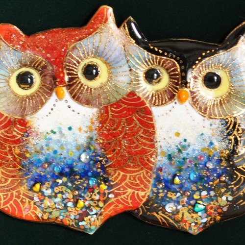 七宝焼　フクロウ　額装 2羽のふくろうの七宝焼飾り額【受注制作】 Uncle Z, Cloisonne