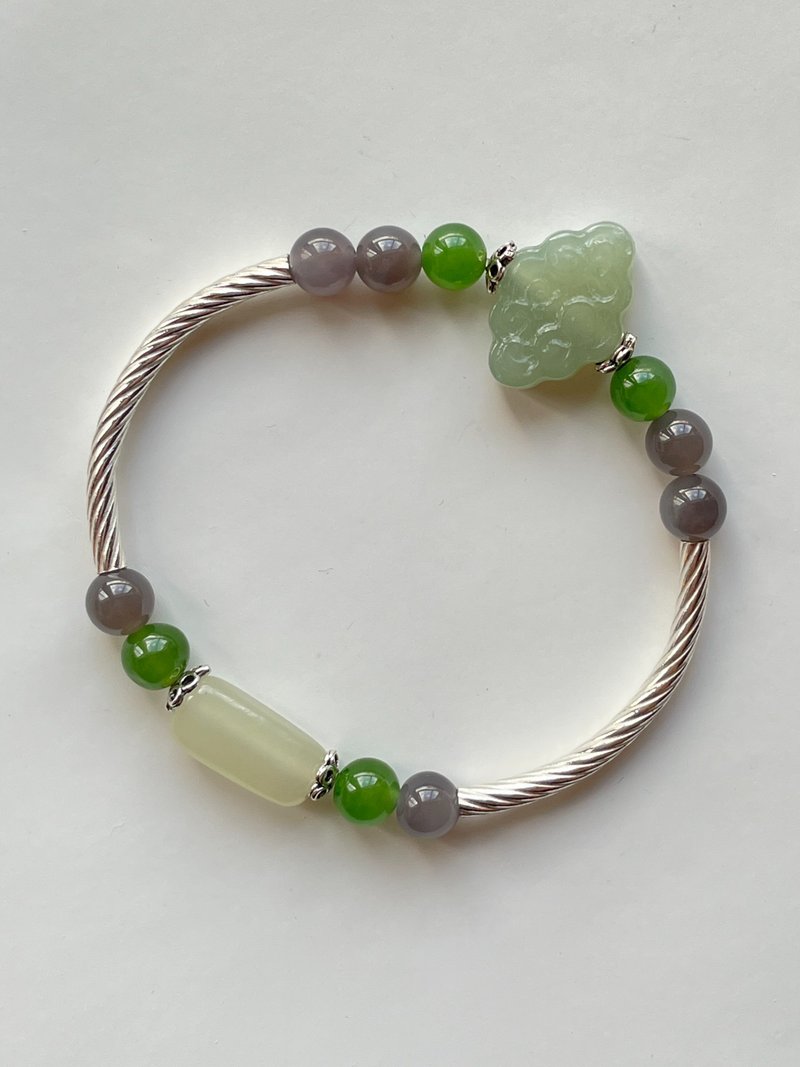 Engraved sterling silver tube with Khotan jade auspicious clouds [Flying to the clouds of happiness] - Bracelets - Jade 