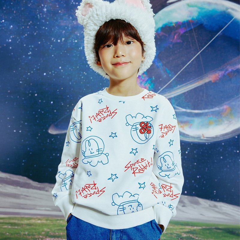 Space Rabbit all-over sweatshirt White - เสื้อยืด - ผ้าฝ้าย/ผ้าลินิน ขาว