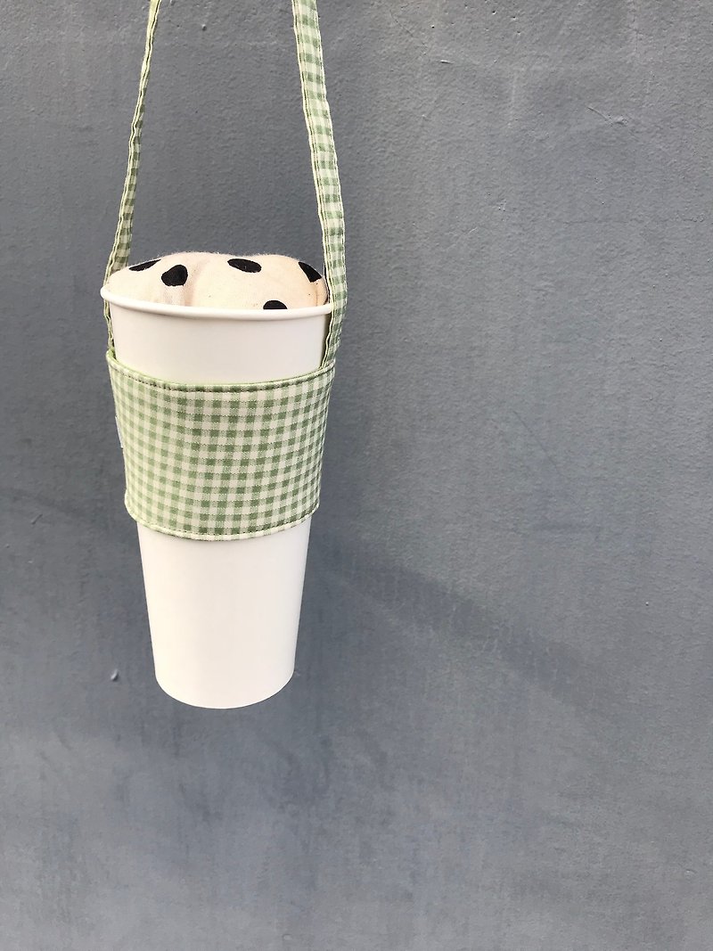 Colorful drinks series ‧ cup bags ‧ green bean paste green plaid ‧ abbiesee gift shop - Other - Cotton & Hemp Green