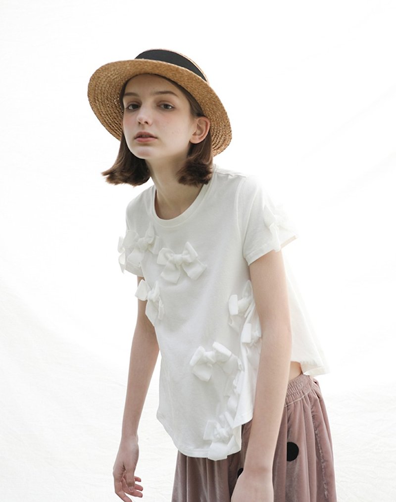 Bow Umbrella Cotton T-shirt T-shirt - Two colors optional - imakokoni - เสื้อผู้หญิง - ผ้าฝ้าย/ผ้าลินิน ขาว