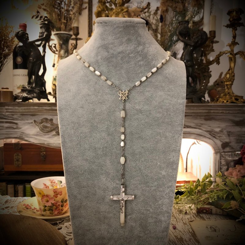 French Catholic precious mother-of-pearl cross beads Silver antique rosary beads - สร้อยคอยาว - เปลือกหอย สีเงิน