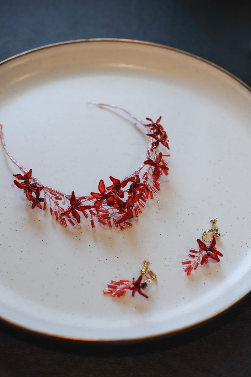 緋紅花語皇冠 耳環組 樹脂串珠 新娘頭飾耳環 - 髮夾/髮圈 - 樹脂 紅色