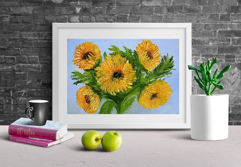 Oil Painting Bright Flowers Chamomile Sunflowers Impasto Art Miniature 20x30 cm - Wall Décor - Other Metals Multicolor
