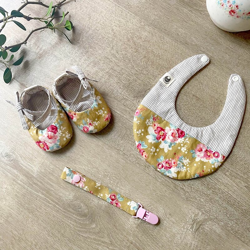 120 Mustard Yellow Floral Toddler Shoes X Gray Line Bib X Pacifier Clip Miyue Gift Set - Baby Gift Sets - Cotton & Hemp Yellow