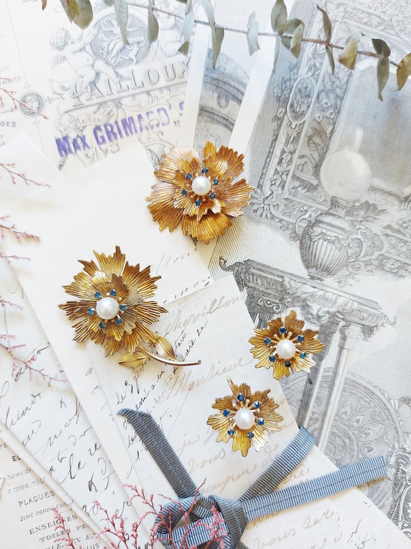 Krementz GF sunflower pearl brooch & earrings set 【vintage jewelry】 - ต่างหู - เครื่องประดับพลอย สีทอง