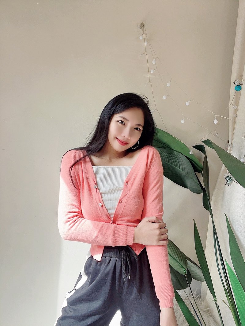 純素雅亮橘膚粉開襟外套 古董羊絨羊毛衣毛衫cashmere sweater - 女毛衣/針織衫 - 羊毛 橘色