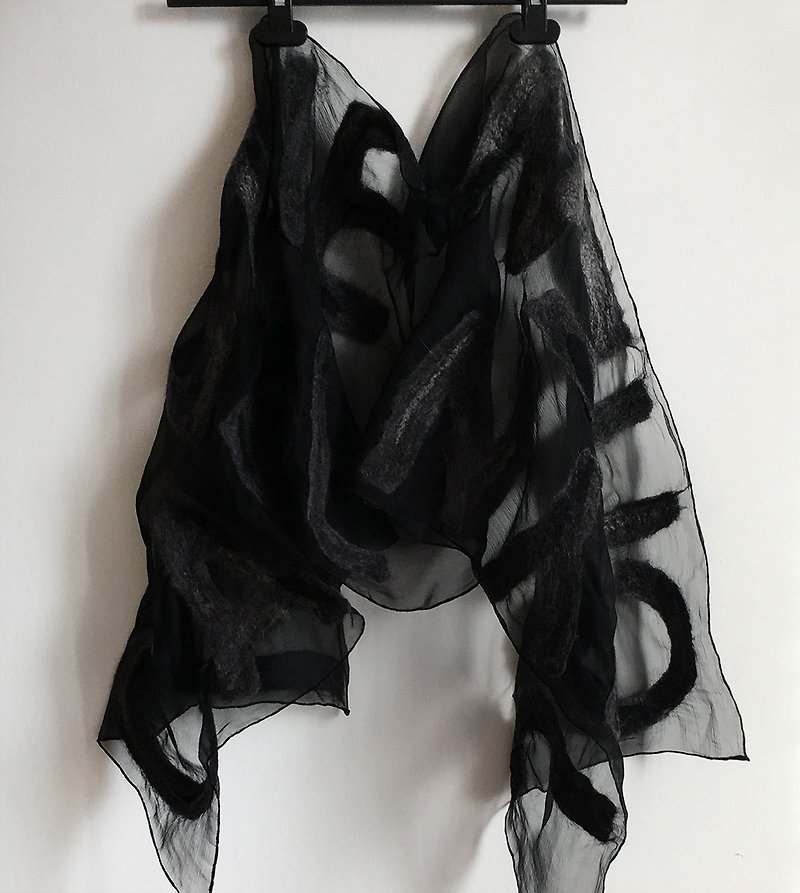 Black Silk Chiffon Scarf with Felted Letters Unique personalized gift for women - ผ้าพันคอ - ผ้าไหม สีดำ