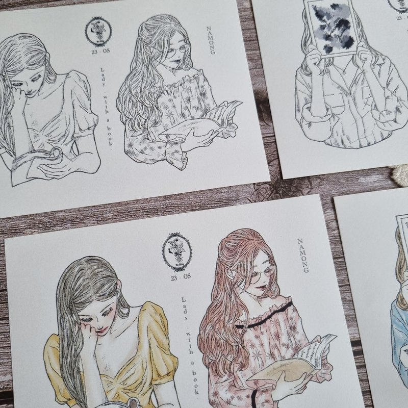 女士 - 與書一起 - 貼紙 - 紙 