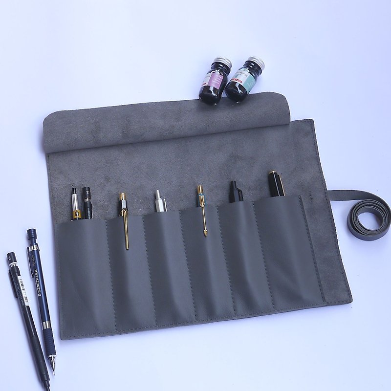 Gray leather pen roll [free brand] - กล่องดินสอ/ถุงดินสอ - หนังแท้ สีเทา