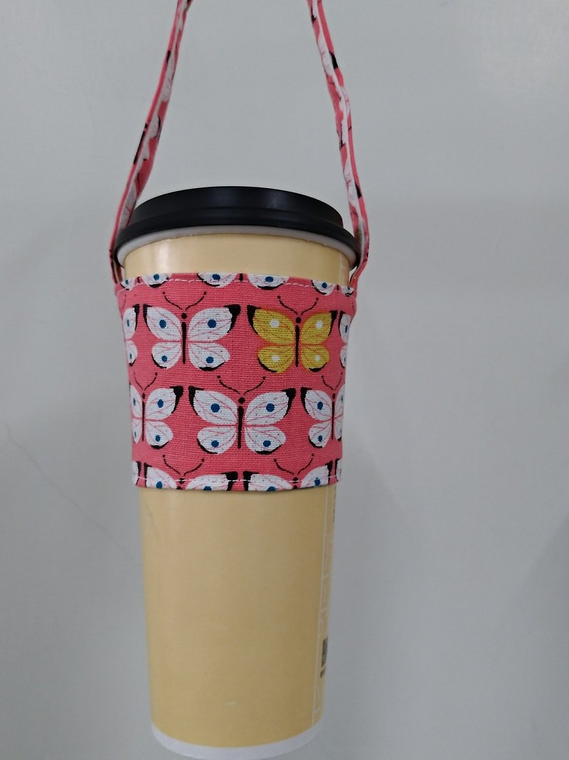 環境に配慮した手回しコーヒー飲料バッグバッグバッグのセットの飲料カップカップセット - ピンクの蝶 - ドリンクホルダー - コットン・麻 