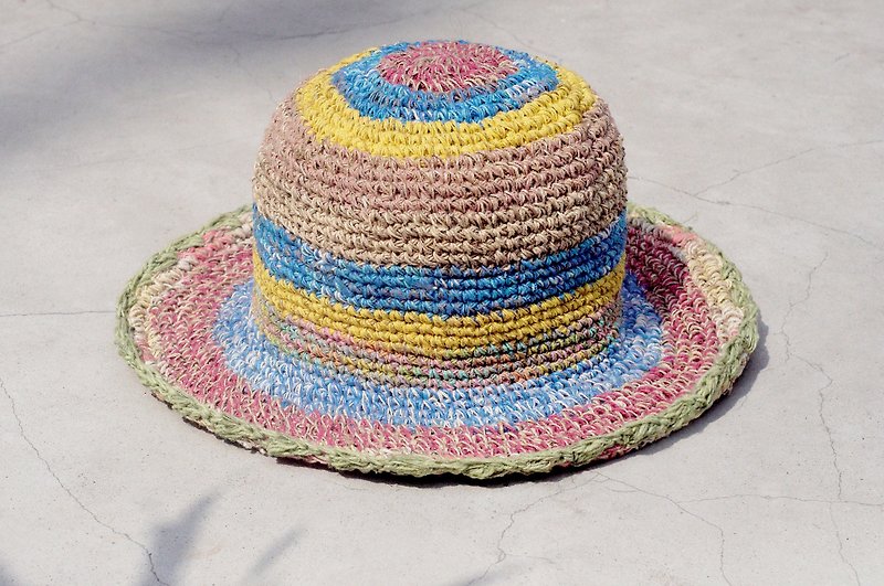 A limited edition hand-woven cotton Linen cap / knit cap / hat / visor / hat - Cote d'Azur bright colorful striped hand-woven hats - Hats & Caps - Cotton & Hemp Multicolor