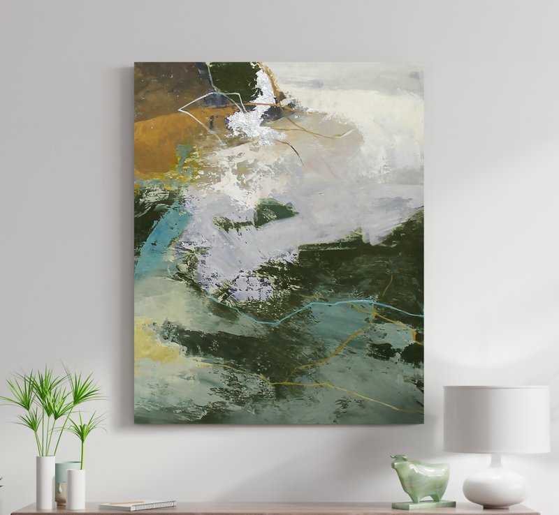 Green Abstract Painting | Abstract Art Canvas Green Gray Brown | Green Glory 4 - 壁貼/牆壁裝飾 - 棉．麻 綠色