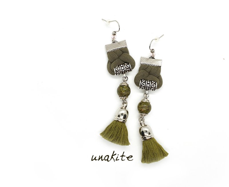 Unakite Beaded Earrings, Long Tassel Earrings, Bohemian Jewelry - ต่างหู - เครื่องเพชรพลอย สีเขียว