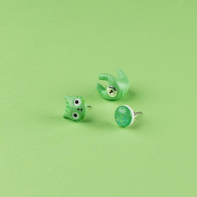 Green Polymer Clay Earrings -  Spring Cat Earrings - 耳環/耳夾 - 黏土 綠色
