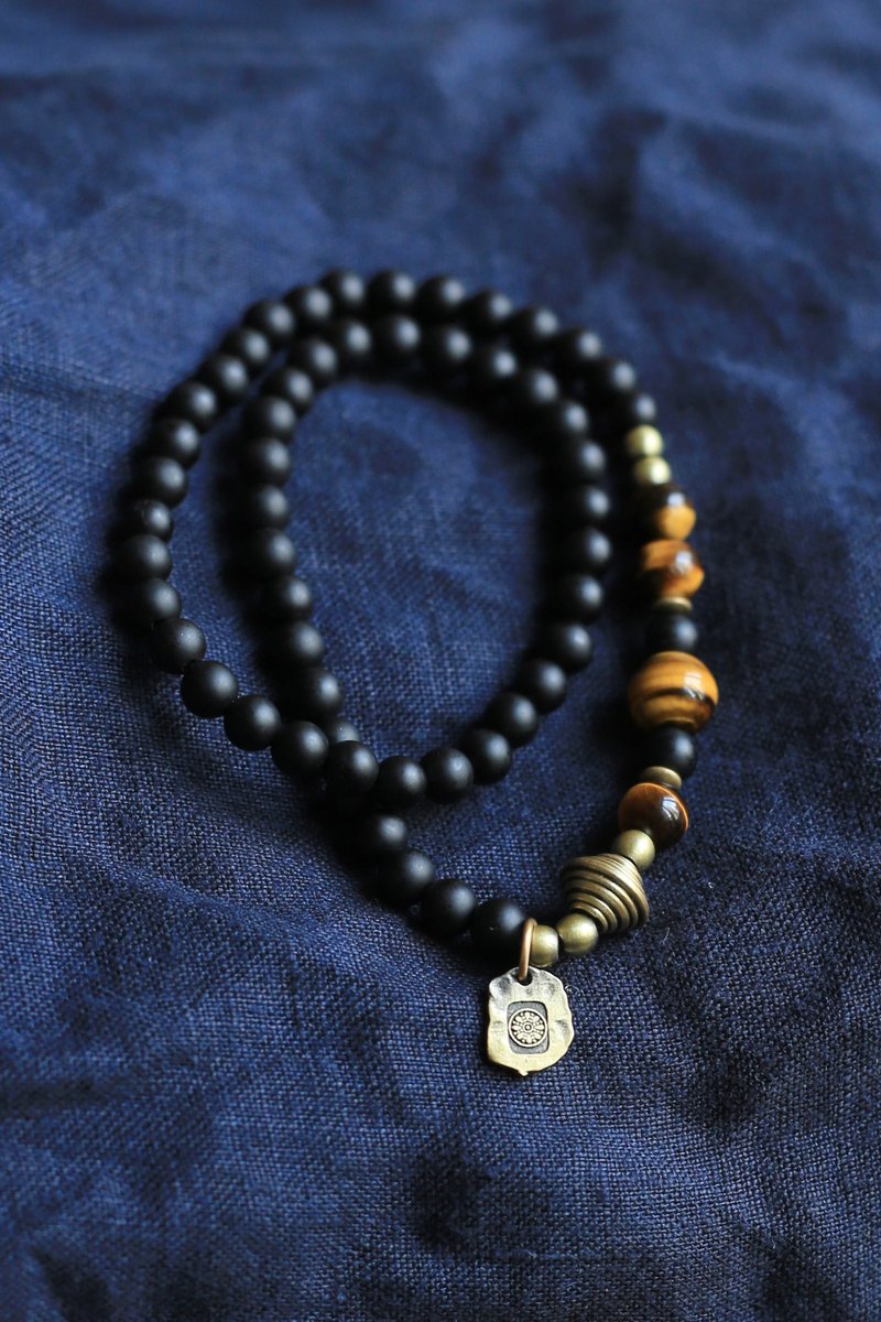 No.8-Original & Black Gold | Yellow Stone Stone Black Agate Bronze| Double Circle Retro Personality - สร้อยข้อมือ - เครื่องประดับพลอย 