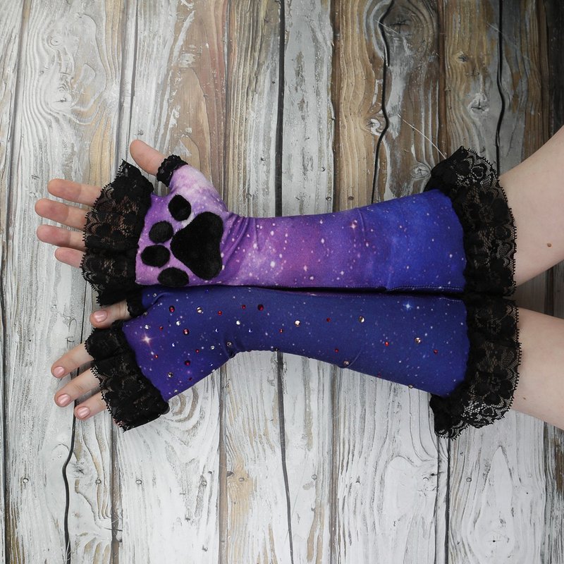 Purple Universe Kitten Paws Lace Mittens - 手套 - 其他人造纖維 黑色